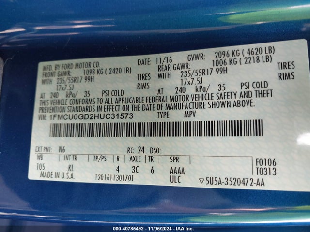 Ford ESCAPE SE 2017 1FMCU0GD2HUC31573 Image 9