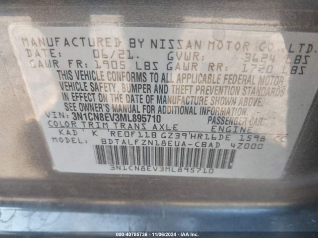 3N1CN8EV3ML895710 Nissan Versa Sv Xtronic Cvt