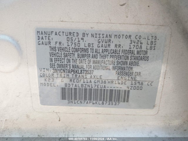 Nissan Versa 1.6 Sv 2019 3N1CN7AP6KL873537 Image 9
