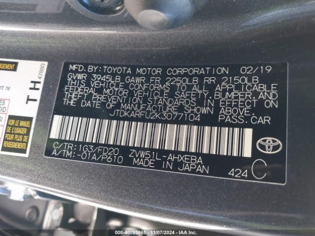 JTDKARFU2K3077104 Toyota Prius Le