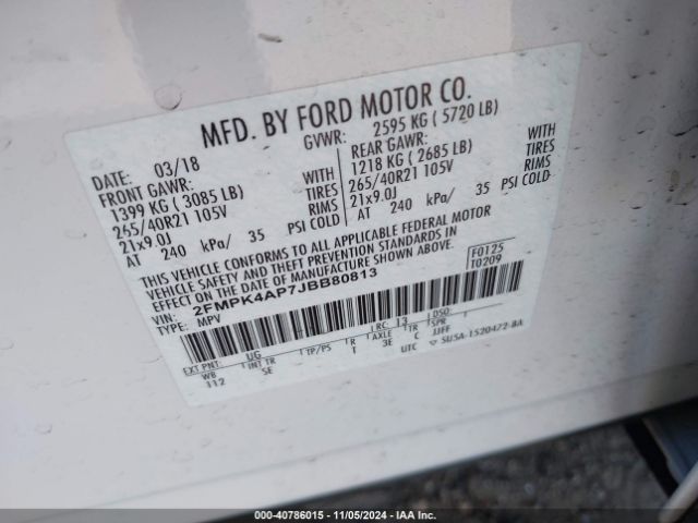 2FMPK4AP7JBB80813 Ford EDGE SPORT