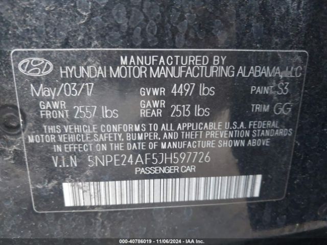 5NPE24AF5JH597726 Hyundai SONATA SE