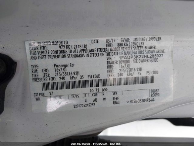 1FADP3K22HL285927 Ford FOCUS SE