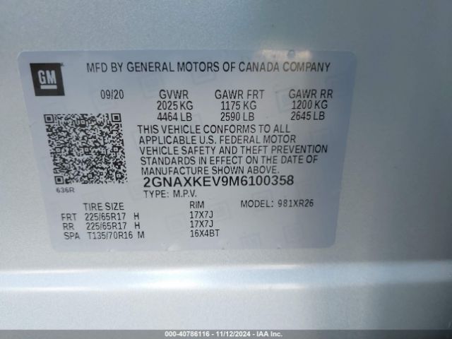 2GNAXKEV9M6100358 Chevrolet Equinox Fwd Lt