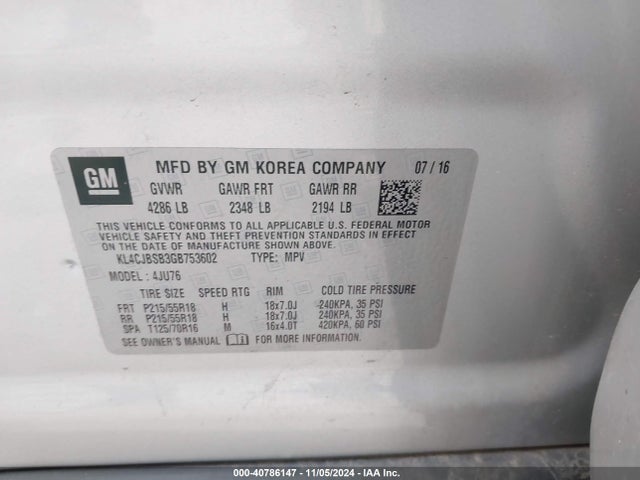KL4CJBSB3GB753602 Buick Encore Convenience