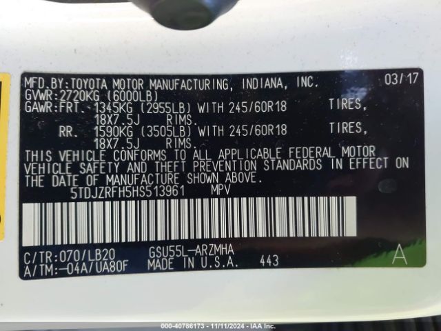 5TDJZRFH5HS513961 Toyota Highlander Xle