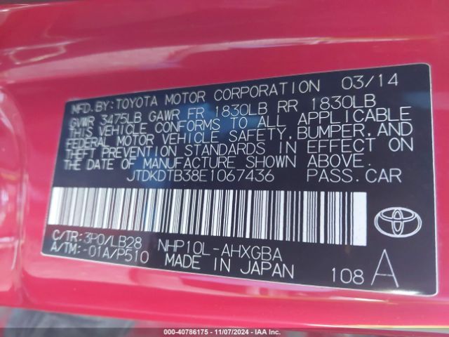 JTDKDTB38E1067436 Toyota Prius C Four
