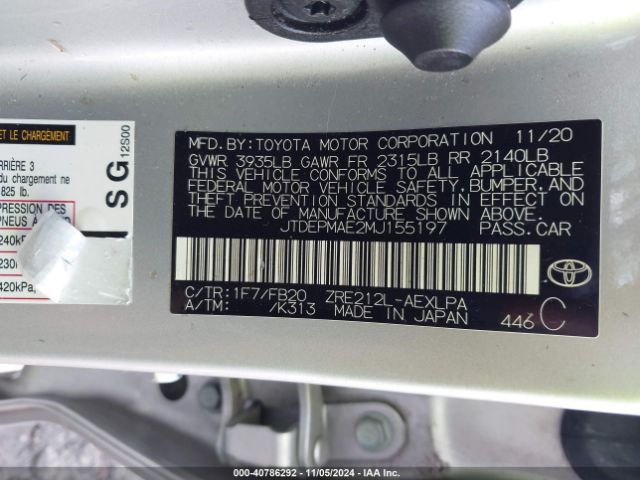 JTDEPMAE2MJ155197 Toyota COROLLA LE