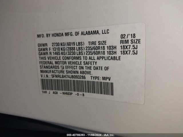 5FNRL6H74JB093286 Honda Odyssey Ex-l