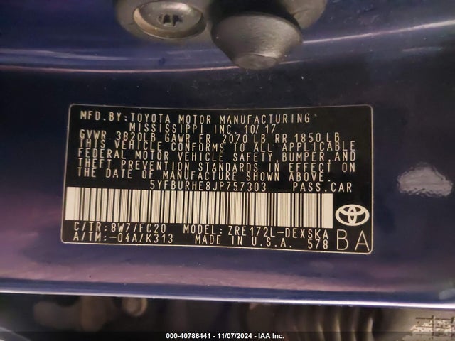 Toyota COROLLA SE 2018 5YFBURHE8JP757303 Image 9