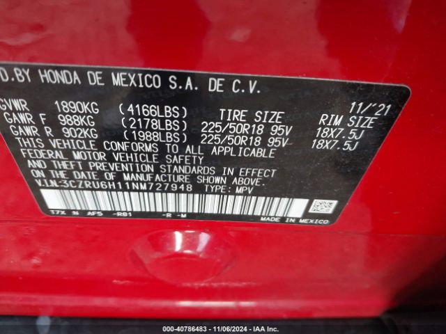 3CZRU6H11NM727948 Honda Hr-v Awd Sport