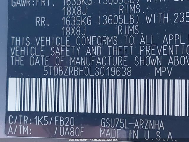 5TDBZRBH0LS019638 Toyota Highlander Le
