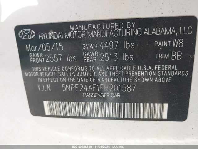 Hyundai SONATA SE 2015 5NPE24AF1FH201587 Image 9