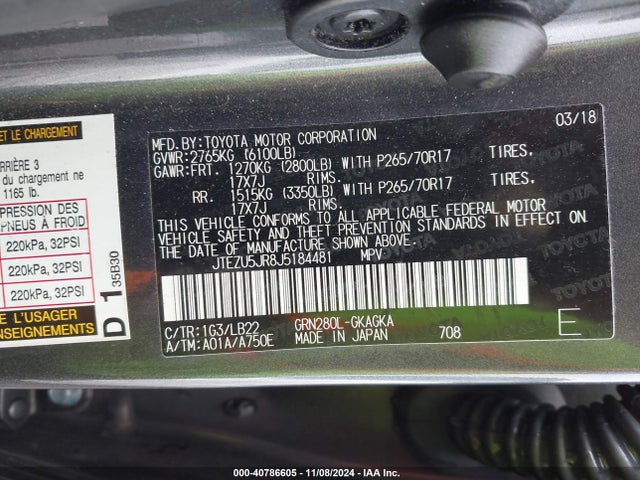 Toyota 4runner Sr5 Premium 2018 JTEZU5JR8J5184481 Image 9