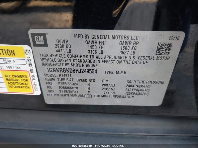 Chevrolet Traverse 1lt 2017 1GNKRGKD8HJ249554 Image 9