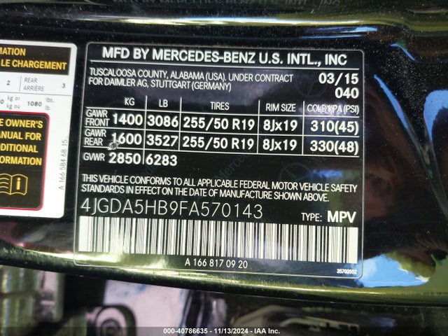 4JGDA5HB9FA570143 Mercedes-Benz Ml 350 4matic
