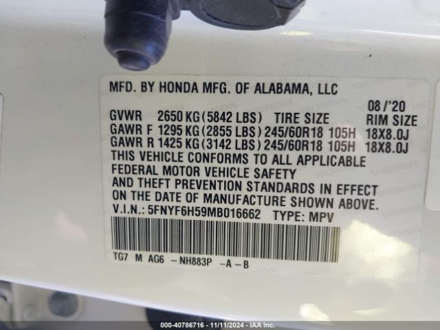 5FNYF6H59MB016662 Honda Pilot Awd Ex-l