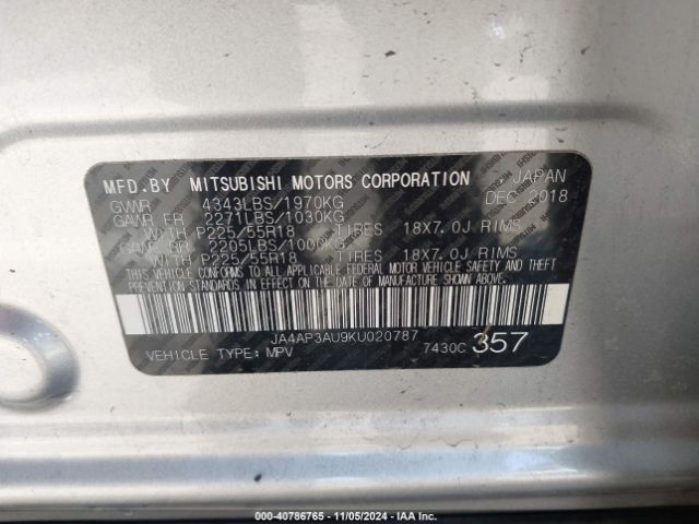 2019 MITSUBISHI OUTLANDER SPORT JA4AP3AU9KU020787 Photo 8