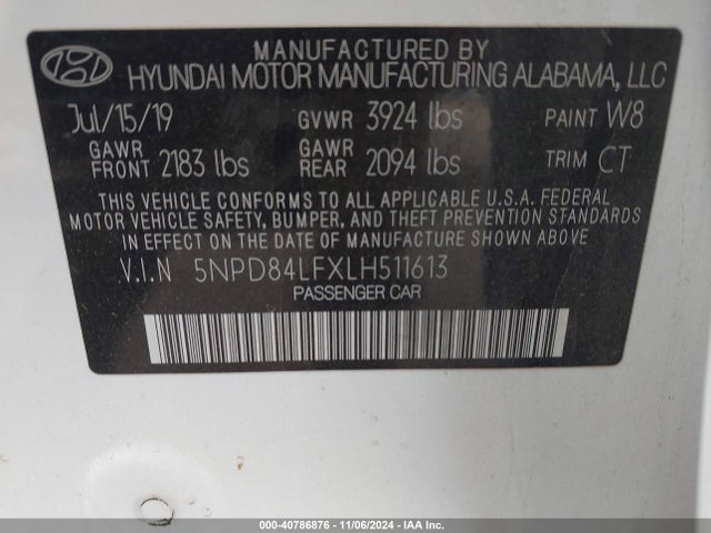 5NPD84LFXLH511613 Hyundai ELANTRA SEL
