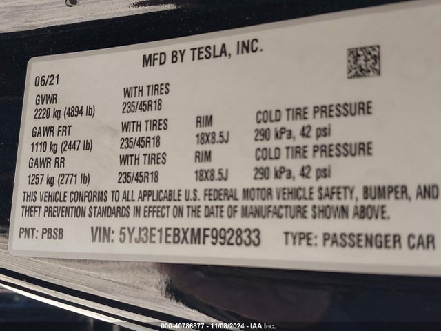 2021 TESLA MODEL 3 5YJ3E1EBXMF992833 Photo 8