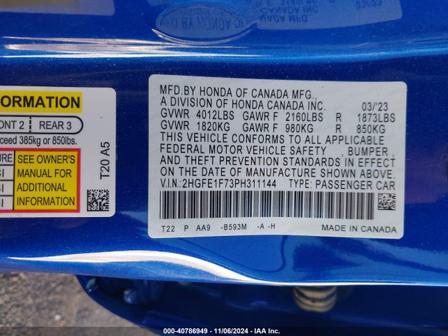 Honda Civic Ex /ex W/o Bsi 2023 2HGFE1F73PH311144 Image 9