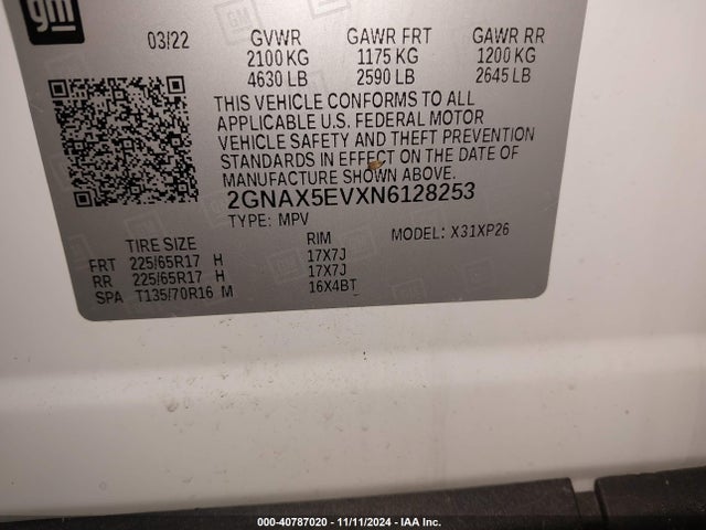 Chevrolet Equinox Awd 1fl 2022 2GNAX5EVXN6128253 Image 9