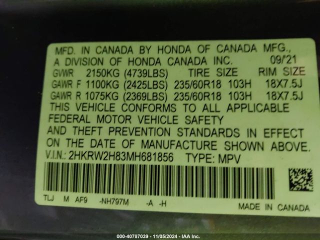 2HKRW2H83MH681856 Honda Cr-v Awd Ex-l