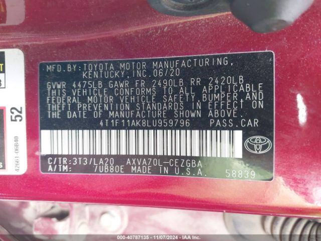 4T1F11AK8LU959796 Toyota CAMRY XLE