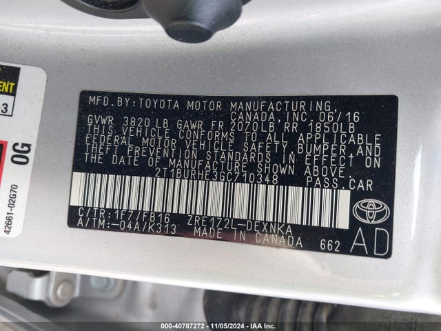 Toyota COROLLA LE 2016 2T1BURHE3GC710348 Image 9