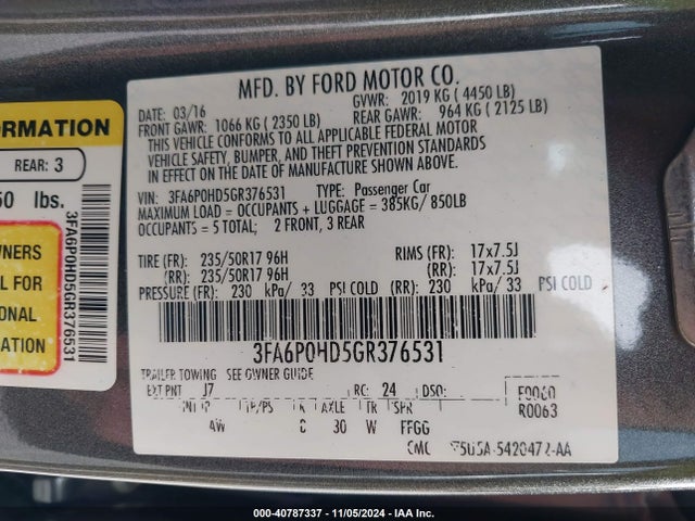 Ford FUSION SE 2016 3FA6P0HD5GR376531 Image 9