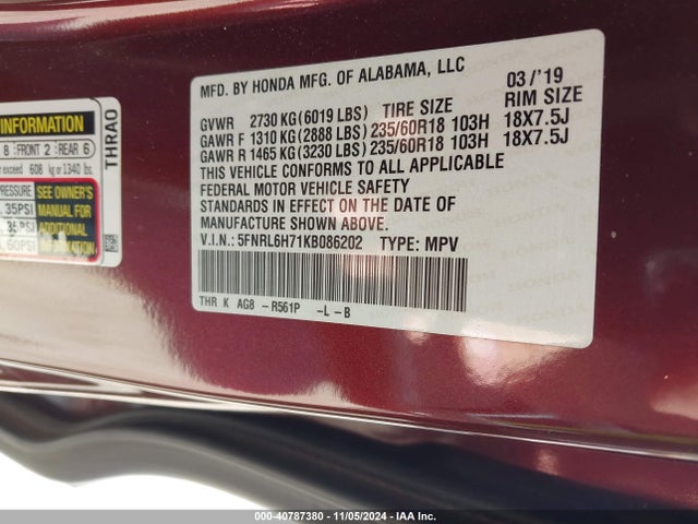 Honda Odyssey Ex-l 2019 5FNRL6H71KB086202 Image 9