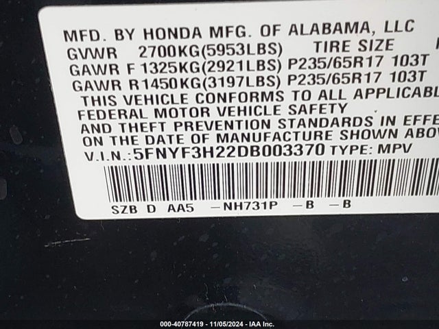 Aukcja sprzedaży 2013 Honda Pilot Lx, vin: 5FNYF3H22DB003370, numer aukcji: 40787419