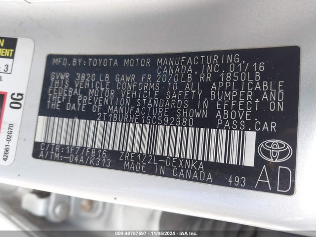 Toyota COROLLA LE 2016 2T1BURHE1GC592980 Image 9