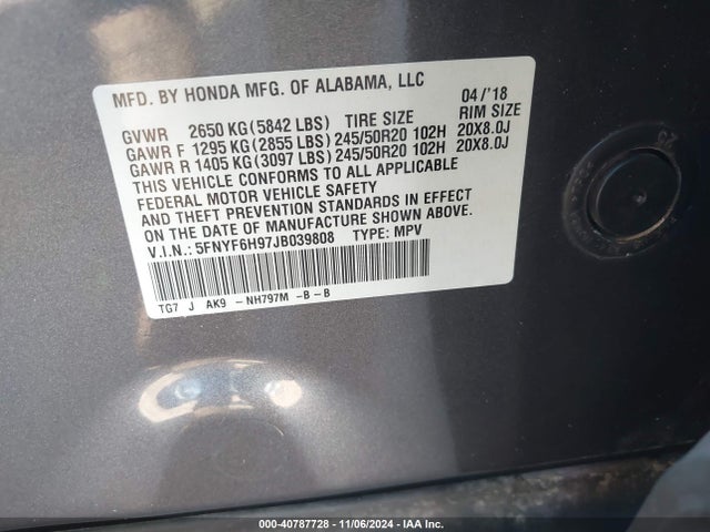 Honda Pilot Touring 2018 5FNYF6H97JB039808 Image 9