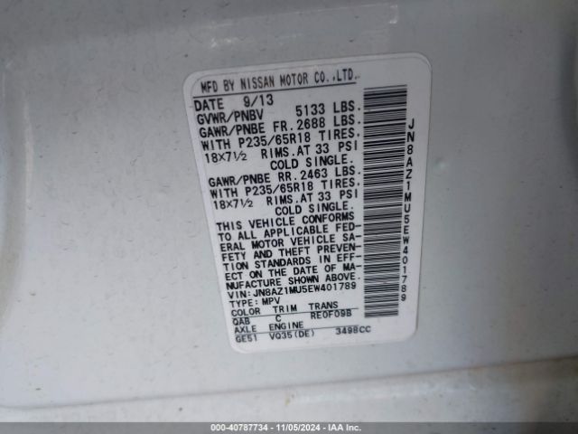 JN8AZ1MU5EW401789 Nissan MURANO S