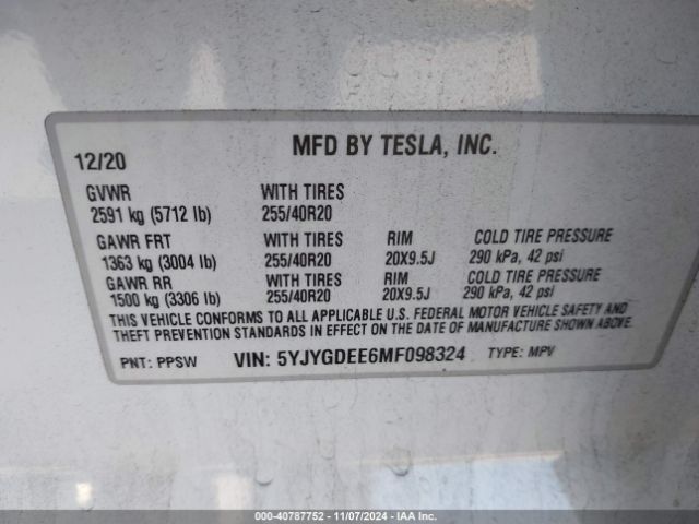 5YJYGDEE6MF098324 Tesla Model Y Long Range Dual Motor All-wheel Drive