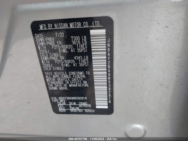 JN8AY2BA9N9392918 Nissan Armada Sl 2wd