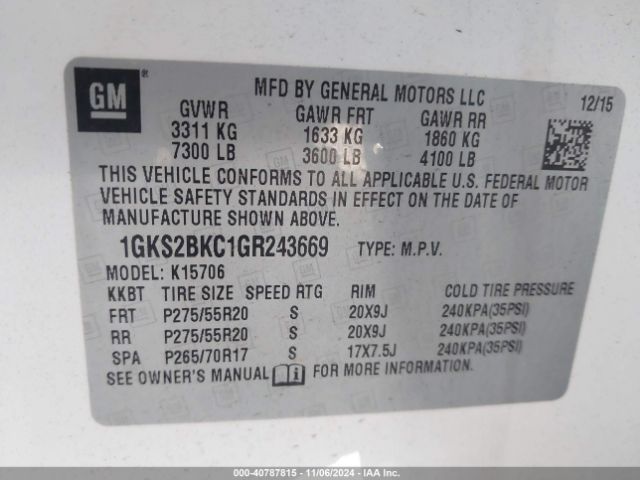 1GKS2BKC1GR243669 GMC YUKON SLT
