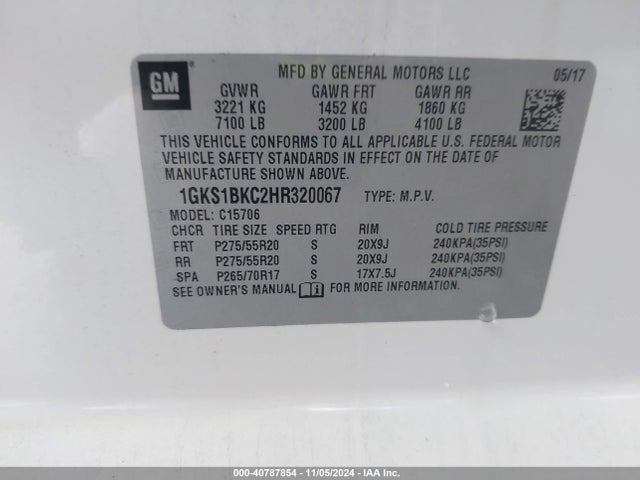 1GKS1BKC2HR320067 GMC YUKON SLT