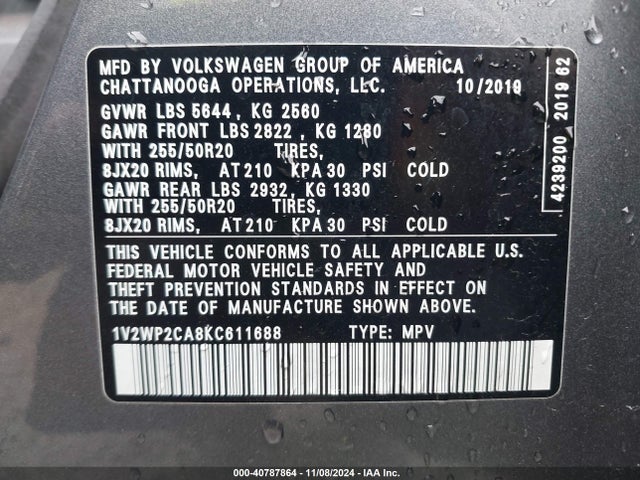 1V2WP2CA8KC611688 Volkswagen Atlas 2.0t Se W/technology