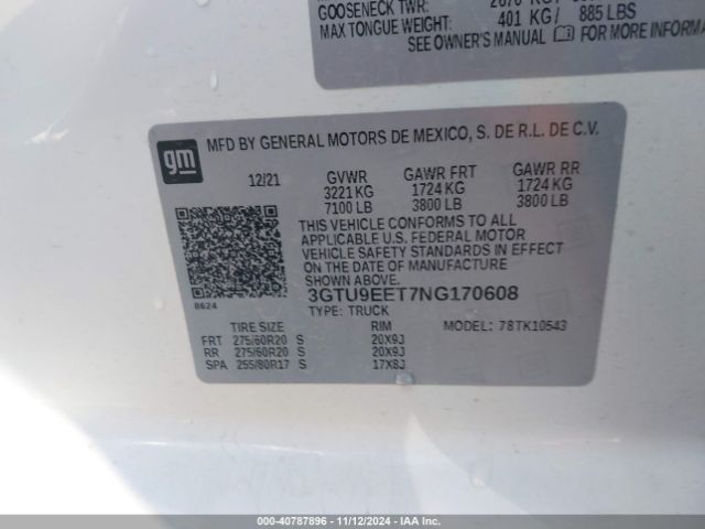3GTU9EET7NG170608 GMC Sierra 1500 Limited 4wd  Short Box At4
