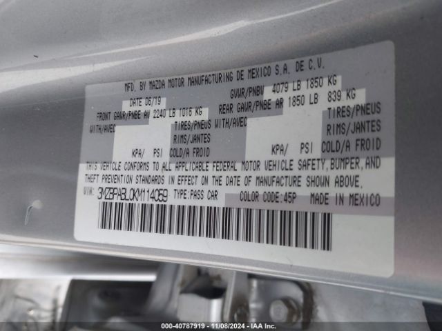 3MZBPABL0KM114059 Mazda MAZDA3