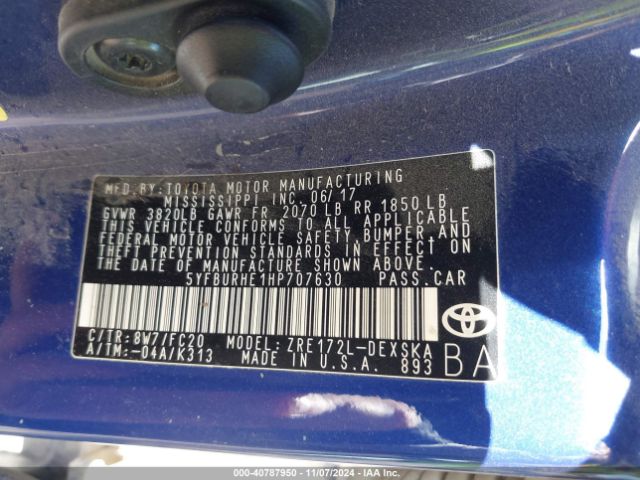 5YFBURHE1HP707630 Toyota COROLLA SE