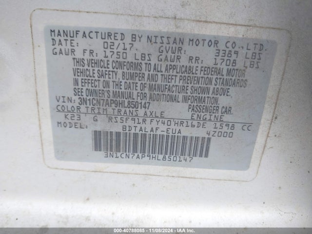 Nissan Versa 1.6 S 2017 3N1CN7AP9HL850147 Image 9
