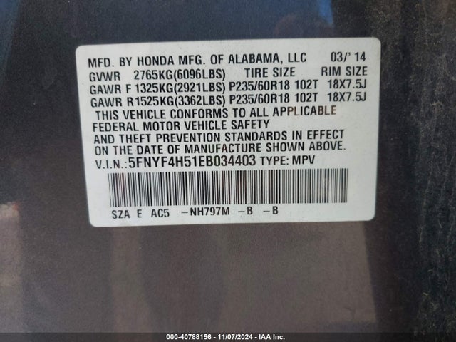 Honda Pilot Ex-l 2014 5FNYF4H51EB034403 Image 9