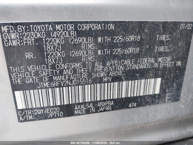 JTME6RFV2NJ015516 Toyota Rav4 Hybrid Xse