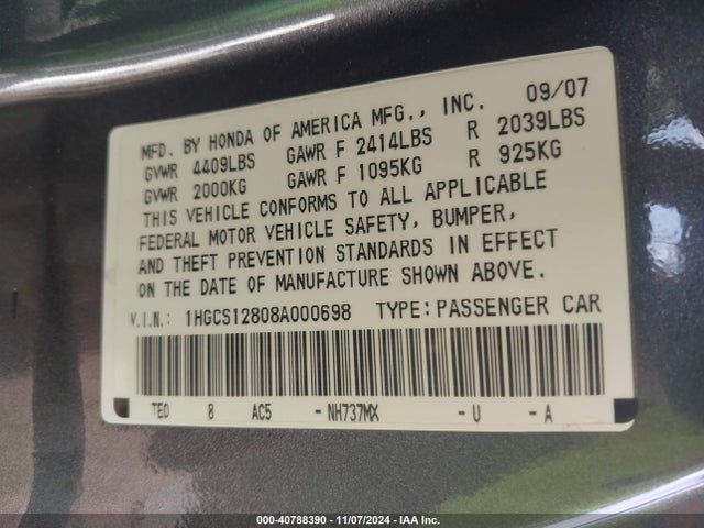 Продажа на аукционе авто 2008 Honda Accord 2.4 Ex-l, vin: 1HGCS12808A000698, номер лота: 40788390