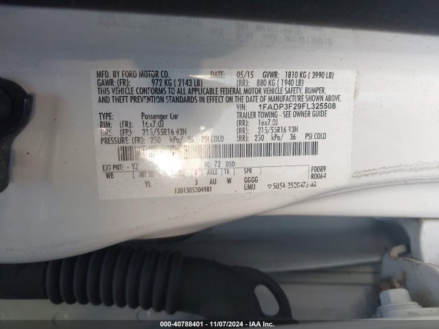 Ford FOCUS SE 2015 1FADP3F29FL325508 Image 9
