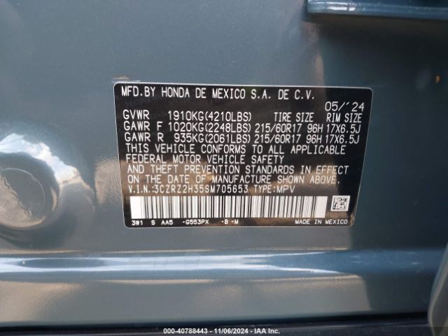 3CZRZ2H35SM705653 Honda Hr-v Awd Lx