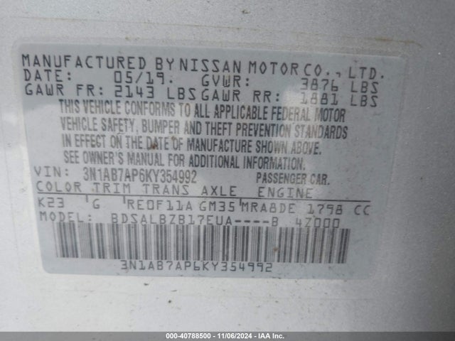 Nissan SENTRA S 2019 3N1AB7AP6KY354992 Image 9